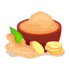 Vector icon in flat style. Ginger. Fragrant seasoning. Fresh root vegetables, sprinkling seasoning, flower. Natural and healthy food. For strengthening immunity. For your design.