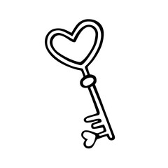 A key with a heart shape in doodle style, isolated on white background. Vector illustration of a little clue. A declaration of love and romantic feelings. For greeting card, poster, Valentine's day.