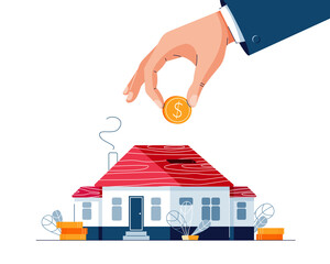 Save money for a house buying vector illustration. Businessman's hand puts the money into house piggy bank for saving money for property purchase. Real estate investment concept for banner. Flat style - 422693129