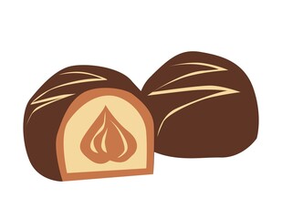 Vector illustration of a whole chocolate candy and cutaway candy.  With hazelnuts inside.  Isolated drawing on a white background.