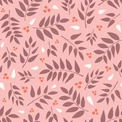 Autumn leaf pattern design. Cute seasonal vector seamless repeat of foliage and berries in warm winter colours. Multi directional background illustration. 