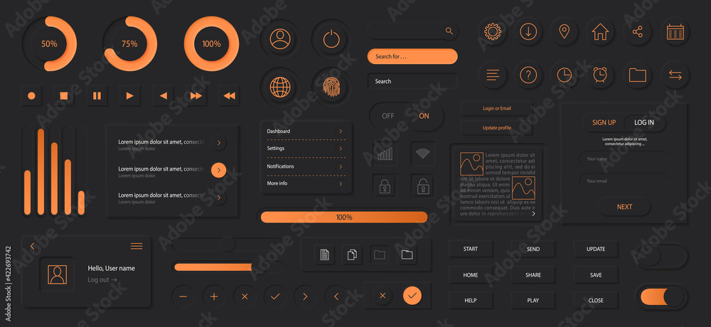 Wall mural neumorphism style elements vector set. modern website or mobile app design bundle. minimal style neu