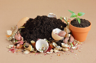 Organic waste, heap of biodegradable vegetable compost with decomposed organic matter on top and...