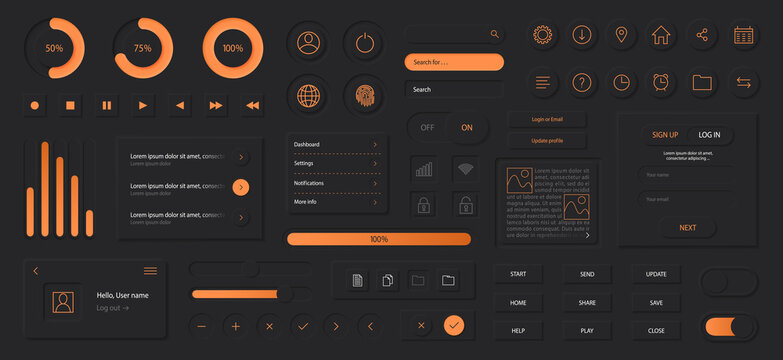 Neumorphism Style Elements Vector Set. Modern Website Or Mobile App Design Bundle. Minimal Style Neumorphism Buttons Or Icons Kit. Neumorphic UI UX Black Design Collection.