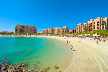 Beach in Ras al Khaimah, al Marjan island, United Arab Emirates. - obrazy, fototapety, plakaty