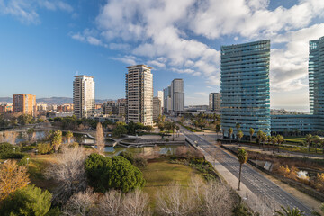 Fototapeta premium Overview of the Diagonal Mar public park with modern buildings in Barcelona, Catalonia, Spain.