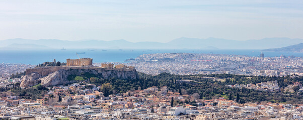 Fototapeta na wymiar Athens, Greece. Acropolis and Parthenon temple, view from Lycabettus Hill.