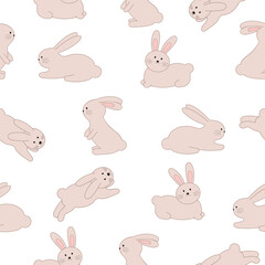Seamless pattern with cute bunnies on a white background. Fabric pattern design. Pastel color. Vector illustration.