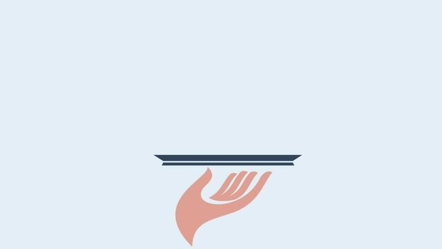Hand of waiter with tray and cloche. Animated illustration for restaurant service, menu, hotel and catering.