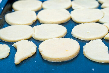 homemade cakes cheese cookies before baking on a baking sheet