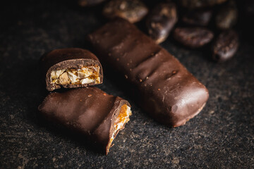 Chocolate bars with nuts filling.