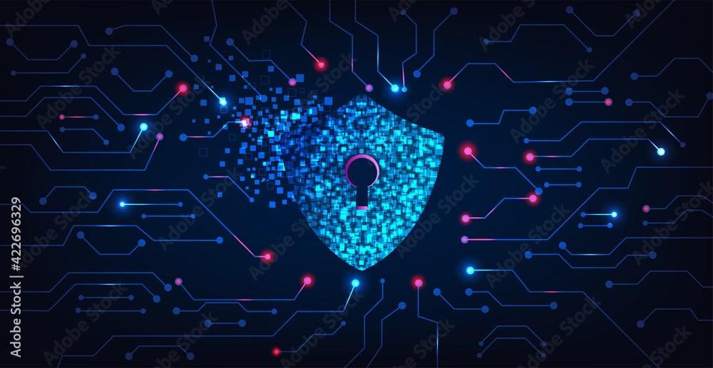 Poster Cyber security destroyed.Shield destroyed on electric circuits  network dark blue.Cyber attack and Information leak concept.Vector illustration.
