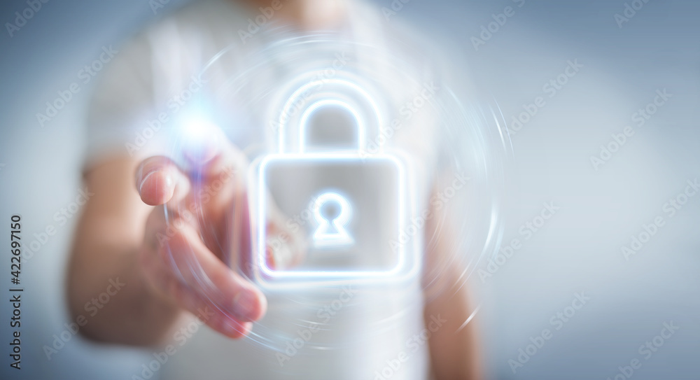 Poster Man using digital web protection blue holographic interface 3D rendering