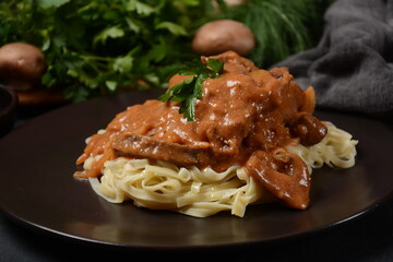 Traditional Beef Stroganoff with Mushrooms and Noodles