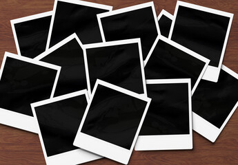 Stack of instant photos Mockup. Pile of retro photographs on wooden 3D rendering