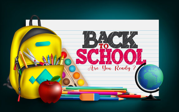 Back to school vector banner design. Back to school text in paper sheet background with educational elements like bag, globe and color pens for education item supplies decoration. Vector illustration
