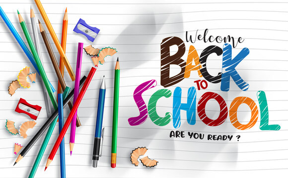 Back to school vector template banner. Welcome back to school text written in crumpled paper sheet with educational supplies items for education study design. Vector illustration
