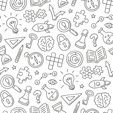 Puzzle and riddles. Hand drawn seamless pattern with crossword puzzle, maze, brain, chess piece, light bulb, labyrinth, gear, lock and key. Vector illustration in doodle style on white background