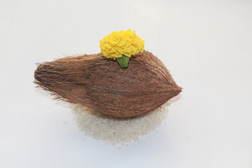 Coconut, flower, Rice, Kumkum & Turmeric, for puja or wedding ceremony. India