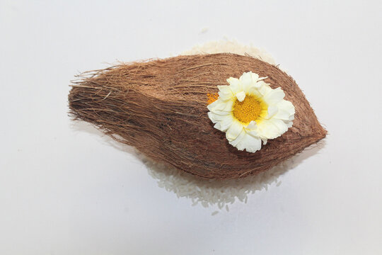 Coconut, flower, Rice, Kumkum & Turmeric, for puja or wedding ceremony. India