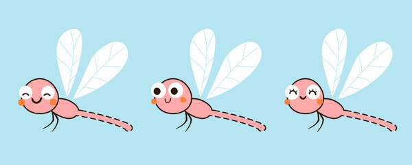Dragonfly cartoon with different face icon on blue background vector illustration.
