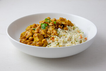 Homemade Mango Coconut Curry Chicken with White Rice and cauliflower