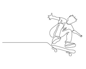 Skateboarder Continuous Line Art Drawing. Skateboarder Jump Line Art Vector Illustration. Black and White Outline Drawing.