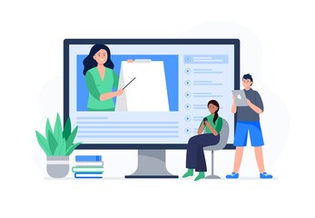 Young people watch online video lessons. Banner or background for a site with a distance education theme. Vector flat illustration.