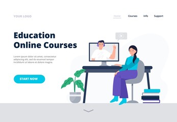Concept of landing page with distance learning theme. A woman watches an online lesson at home. Vector flat illustration.