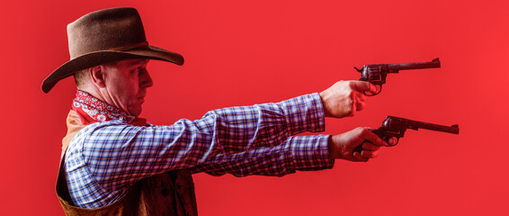 West, guns. Portrait of a cowboy. Western man with hat. Portrait of cowboy in hat. Man wearing...