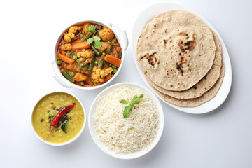 popular Indian Lunch/Dinner menu served MIX VEGETABLE CURRY ,RICE ,DAL ,CHAPATI