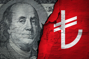 Devaluation of Turkish lira against American dollar concept. Turkish Lira sign and dollar banknote...