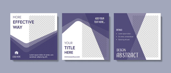 Clean and elegant social media templates pack with purple  diagonal background elements. Instagram posts for business with place for photos