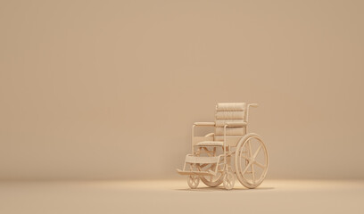 Wheelchair Isolated. Minimal idea concept.  Light background with copy space. 3D rendering for web page, presentation or picture frame backgrounds.