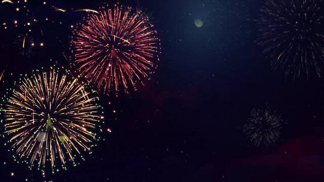 Colorful Fireworks Exploding in Night Sky Loop Animation Background. Celebration, event, Happy Birthday, Wedding, Anniversary, New Year, Confetti, Diwali, Christmas, Festival, Holiday, Greeting.