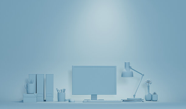 Pastel blue monochrome minimal office table desk. Minimal idea concept for study desk and workspace. Mockup template, 3d rendering