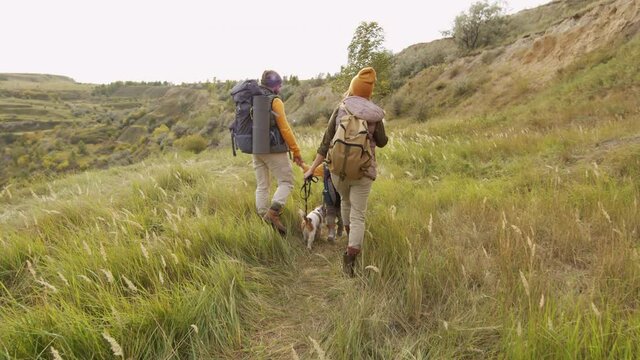 Slowmo tracking shot of family of three and cute dog walking together along narrow path and hiking in scenic landscape