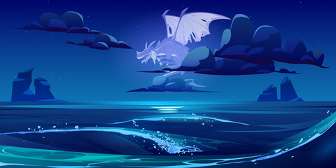 Dragon ghost flying in sky under sea at night
