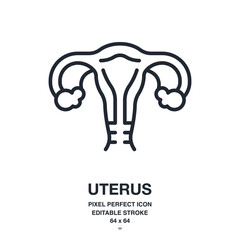 Uterus and female reproductive system editable stroke outline icon isolated on white background vector illustration. Pixel perfect. 64 x 64.