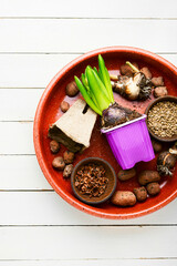 Seedling of spring flowers and gardening tools