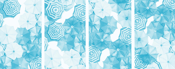 Blue umbrella of vintage. Watercolor painting top view. © Painterstock