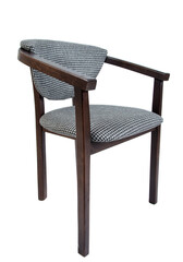 Photo of a wooden chair with upholstery on a white background