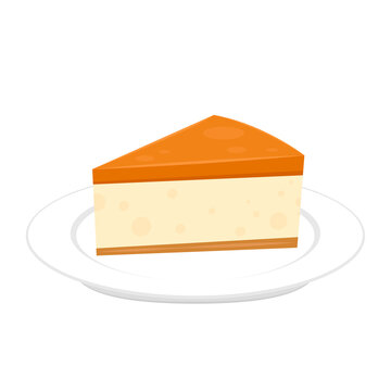 Caramel Cheesecake Cartoon Vector. Caramel Cheesecake On White Plate.