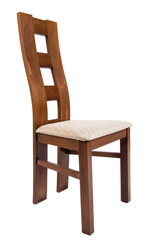 Photo of a wooden chair with upholstery on a white background