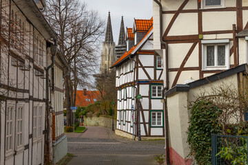 View from the old town to the cathedral in the city of Soest, Germany