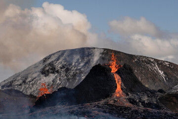 Fissure eruption in the Geldingadalur valley on Mount Fagradalsfjall near the town of Grindavik on the Reykjanes peninsula in southwest Iceland. 