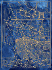 Blue marine illustration with old sailing ship or sailboat and rising sun.