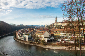 Panoramic view of the historic center of Bern on a winter day