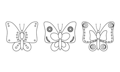 Beautiful cartoon butterflies, black and white vector illustration for coloring pages. Templates for coloring, isolated on white background. Coloring book for children. For drawing lessons. Vector