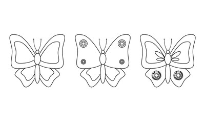 Cute cartoon butterflies, black and white vector illustration for coloring pages. Templates for coloring, isolated on white background. Coloring book for children. We draw with children. Vector